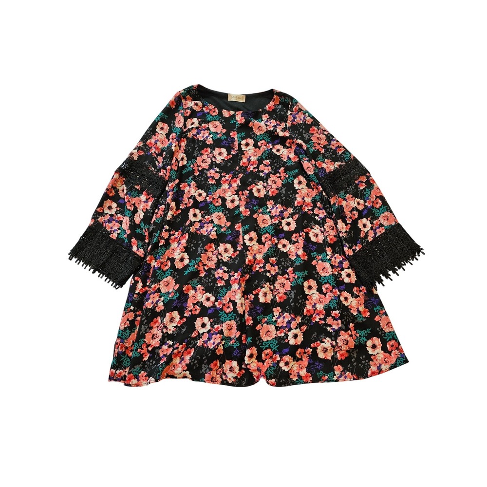 Altar'd State Floral Shift Dress Womens Small Black Pink Crochet‎ Fringe Boho